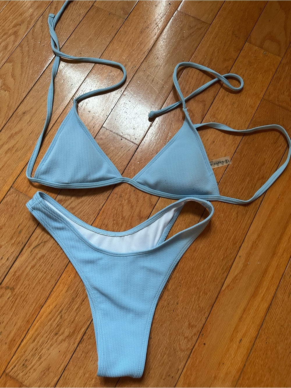 Zaful Light Blue Ribbed Triangle Bikini Set